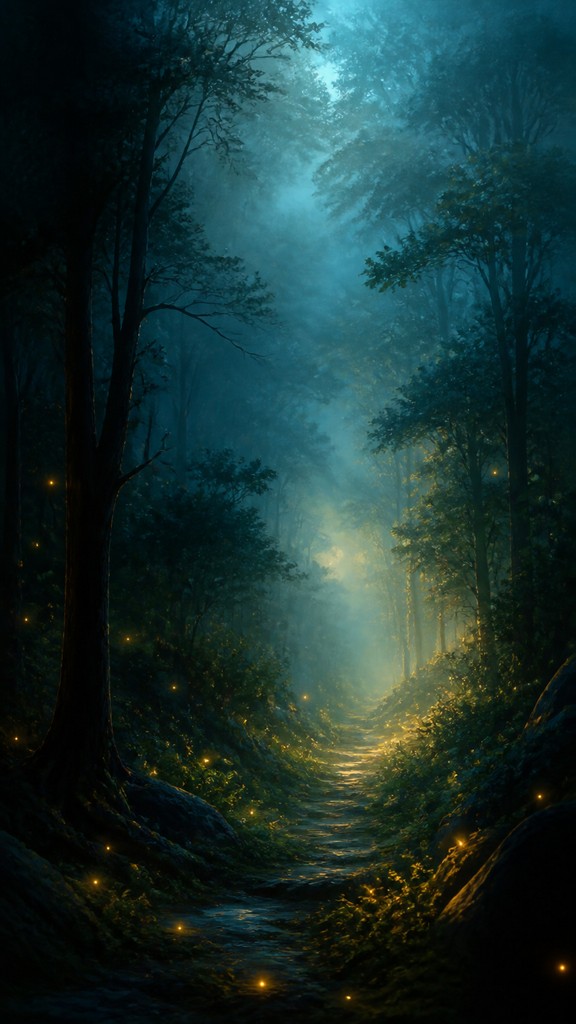 a mysterious forest path with fireflies and drifting mist, atmospheric vertical composition with open space at the top, no text