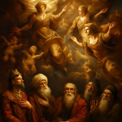 angels with a starry night background with earthly kings and the Sanhedrin below