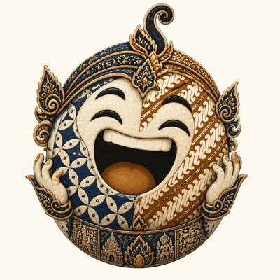 an exaggerated laughing face of an original round mascot character, bold and readable at small size, plain background, no text