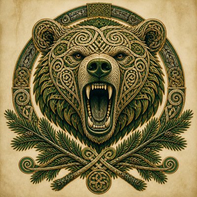 a roaring bear head above crossed pine branches, bold graphic composition on a plain background, no text