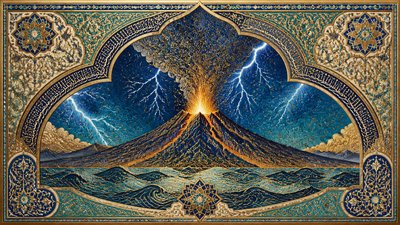 an erupting volcano with lightning strikes, dramatic wide composition, no text
