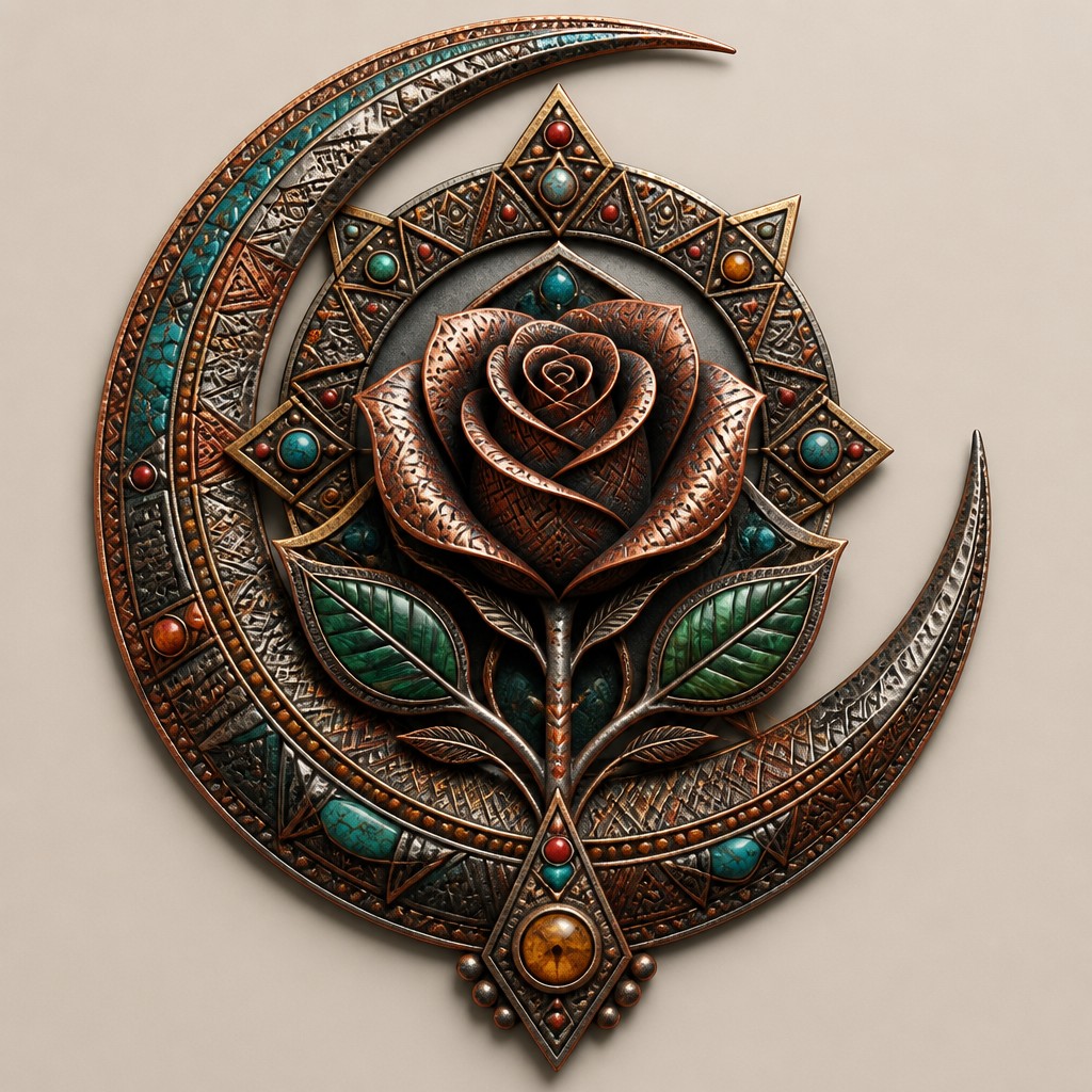 a rose entwined with a crescent moon, clean balanced composition on a plain background, no text