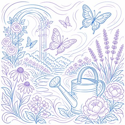 a garden scene with butterflies, flowers and a watering can, clean uncolored line art, no text