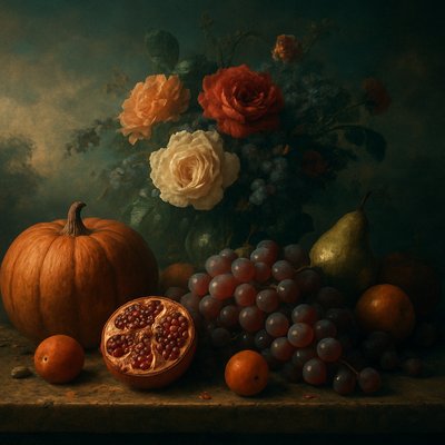 still life arrangement of fruits and flowers