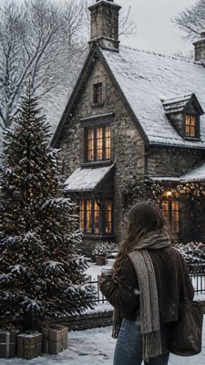 a snow-covered cottage with warm glowing windows beside a decorated pine tree, gentle snowfall, no text