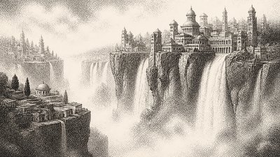 a cliffside city with waterfalls cascading into a misty canyon, wide establishing shot, no people, no text