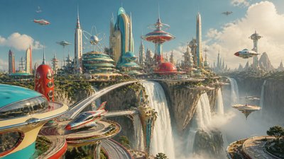 a cliffside city with waterfalls cascading into a misty canyon, wide establishing shot, no people, no text