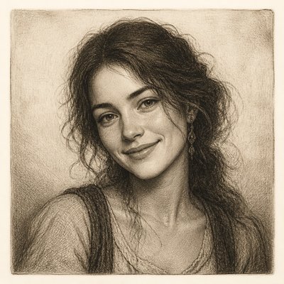 head-and-shoulders portrait of an original character: a young woman with wavy chestnut hair and a warm smile, plain soft backdrop