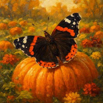 Oil Painting Art Style, a magnificent, normal-sized Red Admiral butterfly with its wings spread wide, revealing intricate patterns of bold black, vivid orange-red, and crisp white, delicately perched on the stem or curving surface of a large, plump orange pumpkin. This scene is set within a sprawling, sun-drenched autumn pumpkin patch, where numerous pumpkins of various sizes are nestled amongst lush green and fading yellow vines. Surrounding the pumpkins are vibrant fall flowers arranged like a charming garden, in hues of deep red, golden yellow, and rustic orange. In the background, hints of golden aspen-like leaves glow from distant trees, adding to the rich autumn palette. The entire composition is bathed in clear, crisp, golden autumn sunlight, casting subtle shadows and highlighting the rich textures. Focus on the detailed brushwork on the butterfly's tiny wings, the tangible texture of the pumpkin's skin, and the vibrant, layered colors of the fall foliage, flowers, and pumpkins, creating a detailed and serene artistic composition.