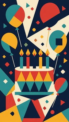 a birthday cake with lit candles surrounded by balloons and confetti, festive vertical composition, no text