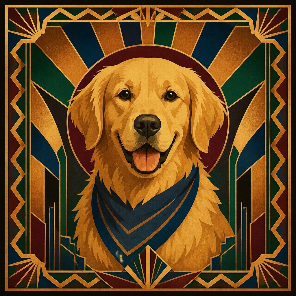 portrait of a golden retriever wearing a blue bandana, warm plain backdrop, no text