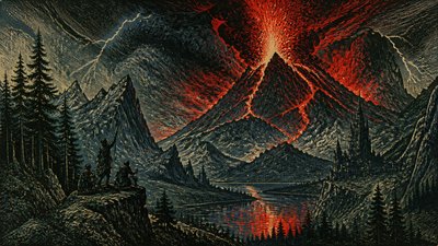 an erupting volcano with lightning strikes, dramatic wide composition, no text