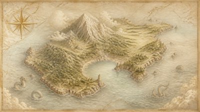 a map of an island realm with mountains, forests, a sheltered bay, sea monsters in the water and a compass rose, no text labels