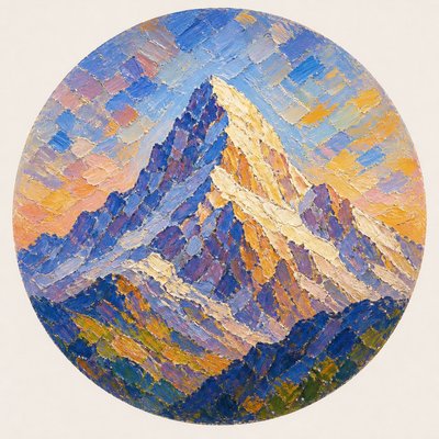 an emblem of a mountain peak inside a circle, simple bold shapes on a plain background, no text or lettering