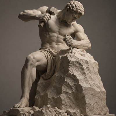 ancient greek athlete carving himself from a block of stone