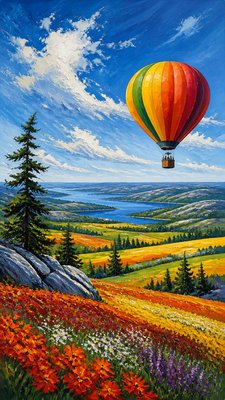 a hot air balloon drifting over rolling flower fields on a sunny day, cheerful, no text