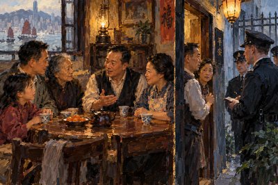 Paint this scene: At length Siu-Zi and her father and grandmother and the others in their little company of friends came to a safe house in Hong Kong.   It wasn’t as if there was no more reason to be afraid, though.  One of the people who were helping Siu-Zi’s father remarked that they were very fortunate, since officers from the foreign ministry had come to the door just one day before Siu-Zi and her family had arrived, asking if there were any illegitimate travelers staying there.  The man, whose name Ah Zi couldn’t remember, had laughed when he said, “We were able to tell them the whole truth!  Nobody was staying at that house but me and my wife.”  Show a montage with Siu-Zi and her father and grandmother, and the couple who run the safe house seated at a table talking, and the man and his wife answering the door, with police outside questioning them.