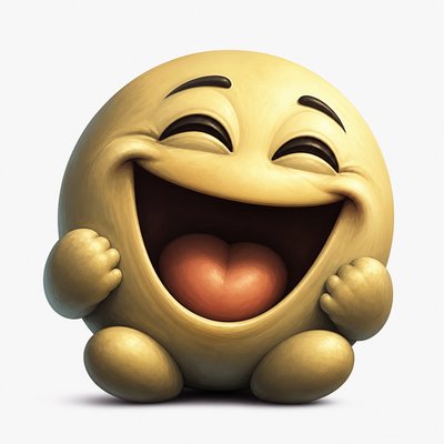 an exaggerated laughing face of an original round mascot character, bold and readable at small size, plain background, no text