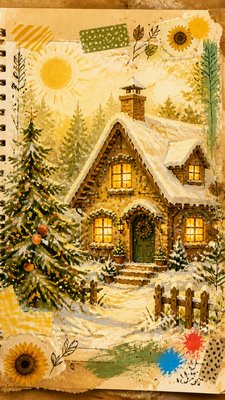 a snow-covered cottage with warm glowing windows beside a decorated pine tree, gentle snowfall, no text