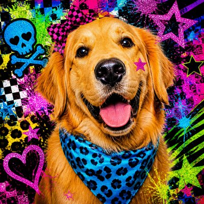 portrait of a golden retriever wearing a blue bandana, warm plain backdrop, no text