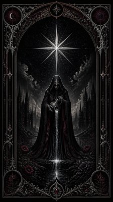 a robed figure pouring water beneath a large eight-pointed star in a night sky, symmetrical composition with an ornate decorative border, no text
