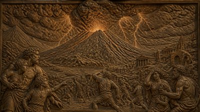 an erupting volcano with lightning strikes, dramatic wide composition, no text