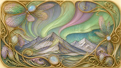 a flowing aurora over snowy peaks, wide sweeping composition, no people, no text