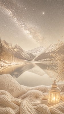 a tranquil mountain lake beneath a starry night sky, no people, no text