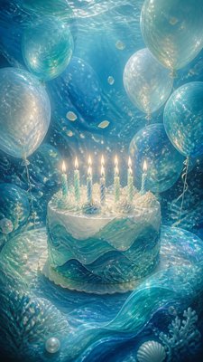 a birthday cake with lit candles surrounded by balloons and confetti, festive vertical composition, no text