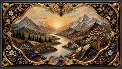a vast valley with a river winding toward distant mountains at sunrise, no people, no text