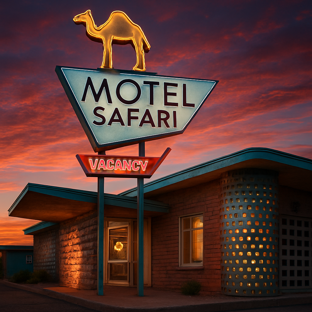 Create an image of the Motel Safari in Tucumcari, showcasing its distinctive Doo Wop or Googie architectural style. The design should feature counter-stacked brickwork with oozing mortar, cinder block walls with unique openings, and metal cylinders with perforated holes that glow softly at night. The sign should incorporate playful geometric shapes, with Clyde the Camel prominently perched on top, illuminated against a vibrant sunset sky. Include a retro Route 66 vibe with neon accents and a welcoming "VACANCY" sign.