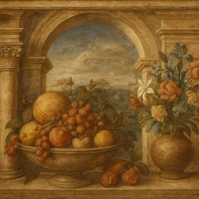 still life arrangement of fruits and flowers