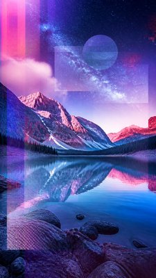 a tranquil mountain lake beneath a starry night sky, no people, no text