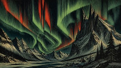 a flowing aurora over snowy peaks, wide sweeping composition, no people, no text