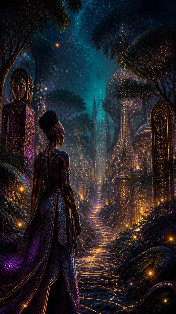 a mysterious forest path with fireflies and drifting mist, atmospheric vertical composition with open space at the top, no text