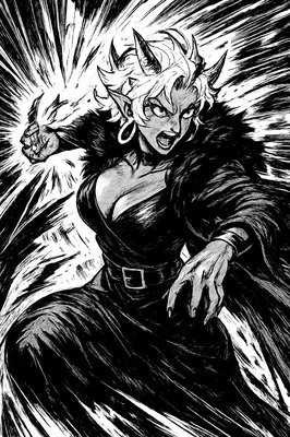 a black and white drawing of a woman with horns