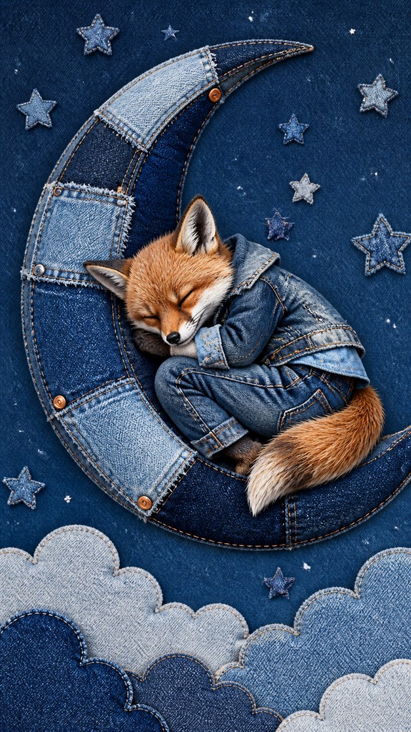 a sleeping baby fox curled on a crescent moon among soft stars, gentle and warm, no text