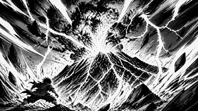 an erupting volcano with lightning strikes, dramatic wide composition, no text