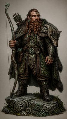 full-body original character: a dwarven ranger with a braided auburn beard, worn leather armor, a longbow and a wolf-pelt cloak, neutral background, no text