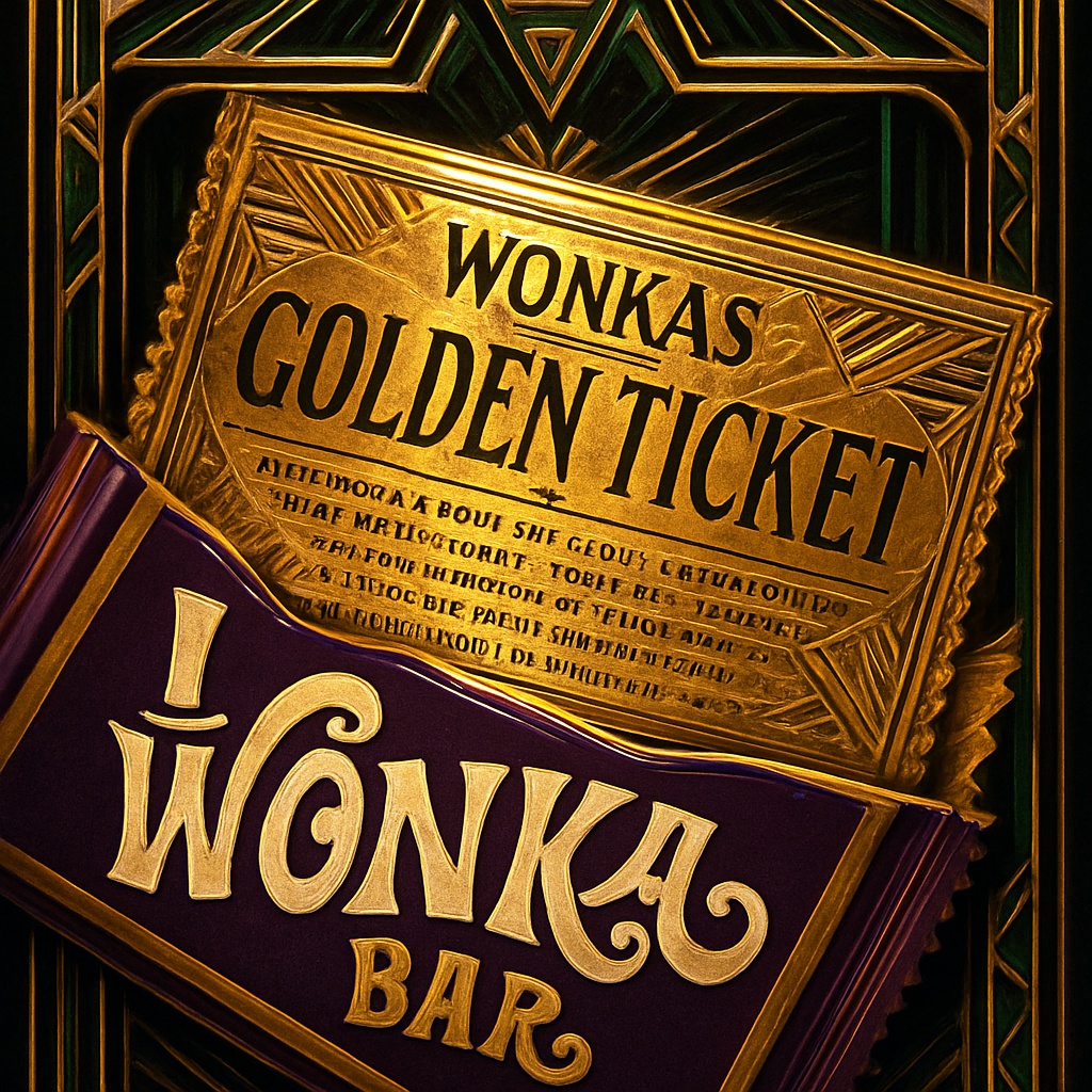 A highly detailed, close-up shot of a Willy Wonka Golden Ticket, partially pulled from a classic Wonka Bar wrapper. The ticket itself is made of shimmering, radiant gold foil, catching and reflecting light in dazzling ways. It features elegant, whimsical typography in a classic, slightly ornate font, clearly stating 'WONKA'S GOLDEN TICKET' and the iconic invitation to the chocolate factory. The edges of the ticket might show slight crinkling or wear from being found. Surrounding the ticket, the vibrant, colorful Wonka Bar wrapper is visible, possibly in shades of purple and white, with the distinctive 'WONKA' logo prominently displayed. The background is a soft, dreamlike blur, suggesting the excitement and wonder surrounding its discovery, perhaps hinting at a magical, candy-filled factory in the distance. The lighting is bright and enchanting, emphasizing the ticket's golden luster."
