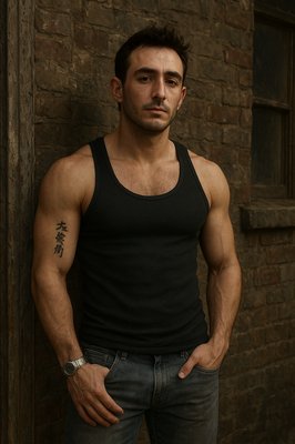 a man standing in front of a brick wall
