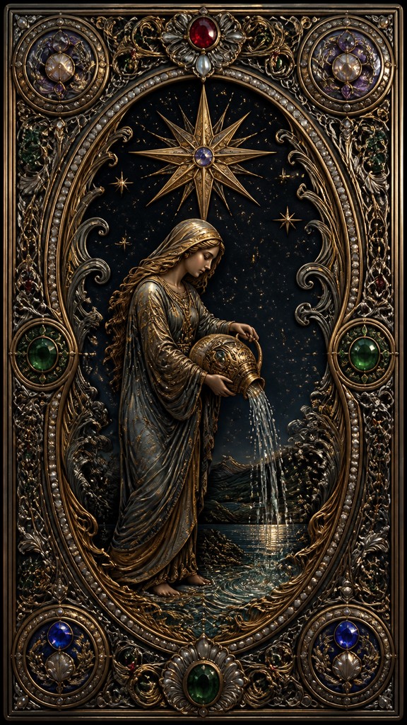 a robed figure pouring water beneath a large eight-pointed star in a night sky, symmetrical composition with an ornate decorative border, no text