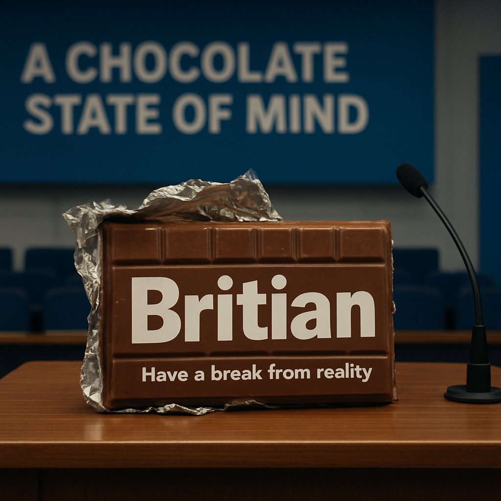 Image Brief — “Britian. A Chocolate State of Mind.” (Landscape / Conference Hall)

Visual Concept:
A photographic, data-style image capturing the absurdity of corporate branding and political satire. The chocolate bar spelling “Britian” is the central focus. The scene is staged in a conference hall, emphasizing the formal-but-absurd atmosphere of a high-profile political event.

Core Elements:
	•	Chocolate bar front and center, wrapper crumpled, spelling clearly visible.
	•	Backdrop / environment: realistic conference hall — lectern in the frame, faint rows of seating or stage elements, subtle signs of a political event. No office props.
	•	Palette: predominantly blue tones (lighting, hall décor, banners), with small Tory-signifier accents (navy, subtle red) to hint at political context.
	•	Orientation: landscape (wide) — must match the style and aspect ratio of other blog images.
	•	Lighting / style: naturalistic photography; soft, realistic shadows; slightly moody, surreal undertone; no cartoonish or illustrative effects.
	•	Mood / atmosphere: dry, ironic, subtly surreal — visually echoing Tom Kite’s sardonic, satirical voice.

Typography (optional):
Small text on wrapper: “Have a break from reality” in clean, bold type, integrated naturally into the photographic scene.

Use / Context:
	•	Featured image for blog post “Britian. A Chocolate State of Mind.”
	•	Must work as both thumbnail and full-size blog header.
	•	Maintain photographic, slightly surreal style consistent with other blog imagery

Inspiration is Hannah Hoch, Jean-Michel Basquiat, John Stezaker