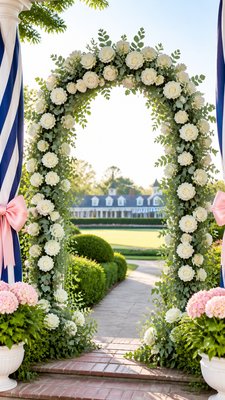 an arch of white roses and eucalyptus in soft morning light, elegant vertical composition with open space, no text