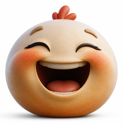 an exaggerated laughing face of an original round mascot character, bold and readable at small size, plain background, no text