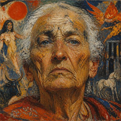 close-up portrait of an elderly person with expressive weathered features