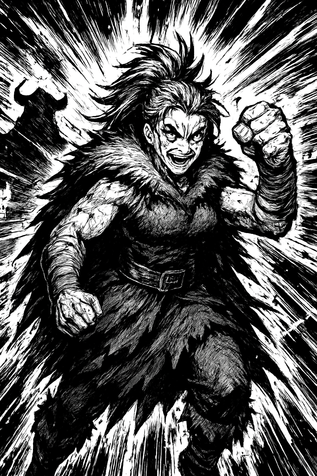 a black and white drawing of a demon