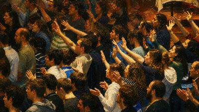 a painting of a crowd of people with their hands in the air