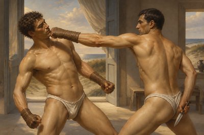 a painting of two men fighting with each other