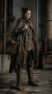 full-body original character: a wandering botanist with a satchel of plants, a patched green cloak, tall boots and round glasses, neutral background